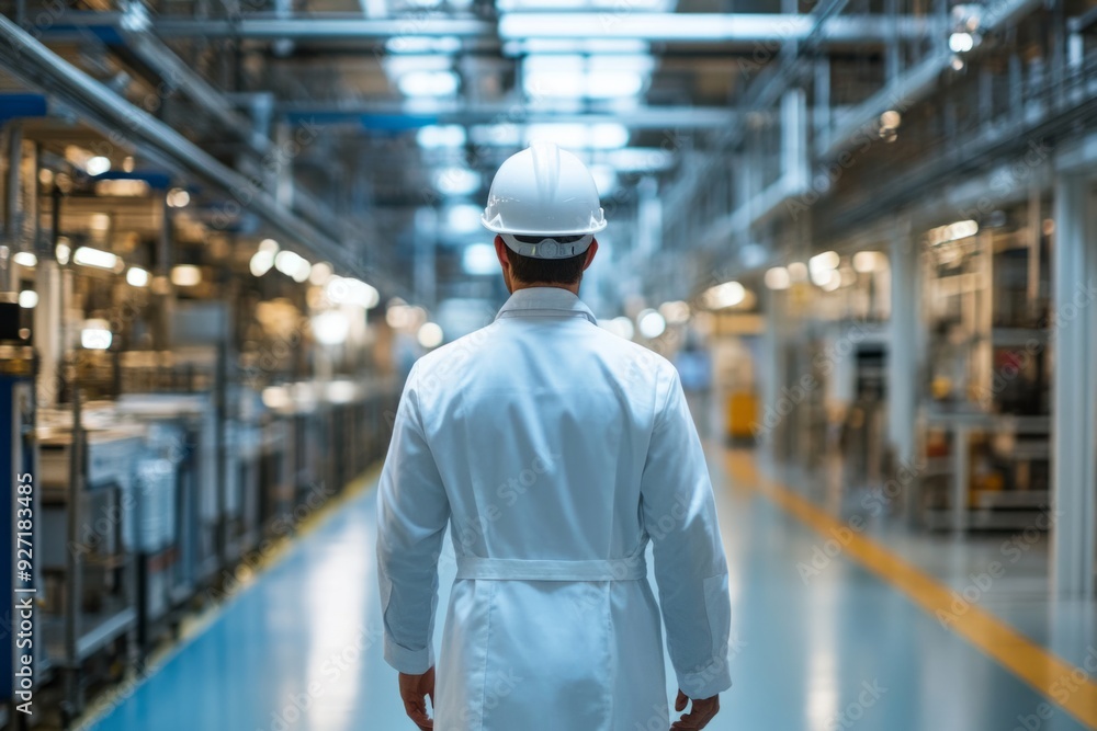 A worker stands in a modern industrial facility. The bright environment and high-tech machinery symbolize progress and innovation in manufacturing. Generative AI A worker stands in a modern industrial facility. The bright environment and high-tech machinery symbolize progress and innovation in manufacturing. Generative AI