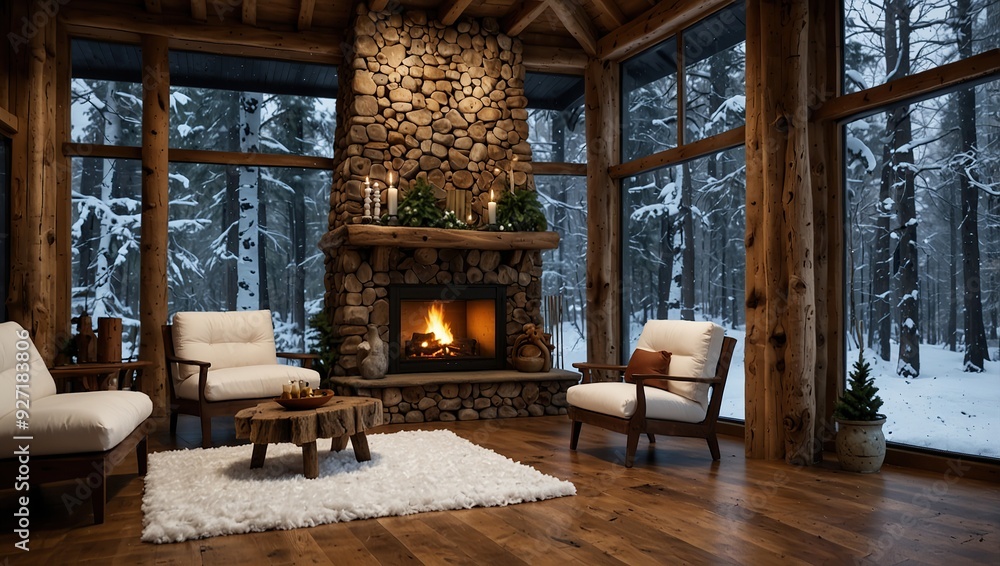 Fototapeta premium Indoor Rustic wooden house with fireplace and snow forest