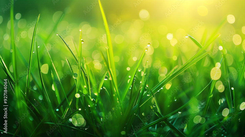 Fototapeta premium Green background Close-up of dewy grass