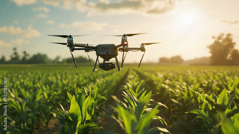 A drone flies over a field of corn, capturing aerial imagery for agricultural purposes. A drone flies over a field of corn, capturing aerial imagery for agricultural purposes.