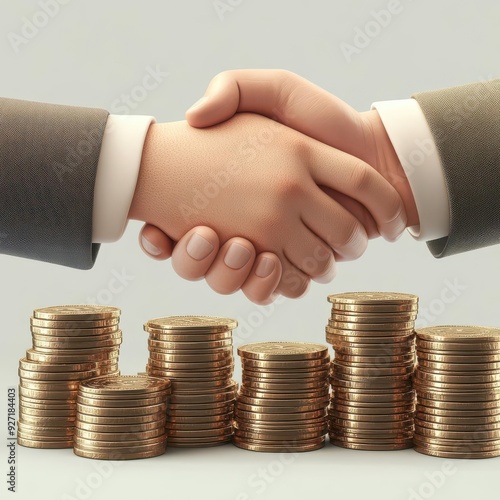 Private equity, handshake over stacks of coins, 3D illustration