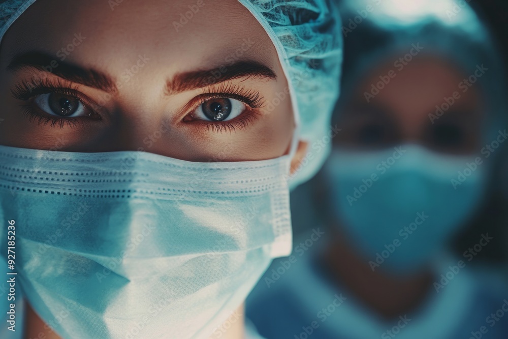 A close-up of a medical professional in scrubs and a mask. The focus is on their determined gaze. This image captures the essence of healthcare workers. Generative AI A close-up of a medical professional in scrubs and a mask. The focus is on their determined gaze. This image captures the essence of healthcare workers. Generative AI