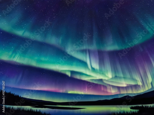 幻想的な夜にオーロラが出ている風景