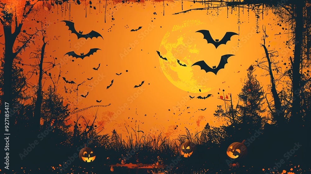 The Halloween holiday banner template features a flat lay of bats, pumpkins, and spiders on an orange background for a seasonal greeting. The Halloween holiday banner template features a flat lay of bats, pumpkins, and spiders on an orange background for a seasonal greeting.