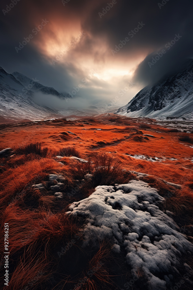 Fototapeta premium Frosty landscape in mountainous valley