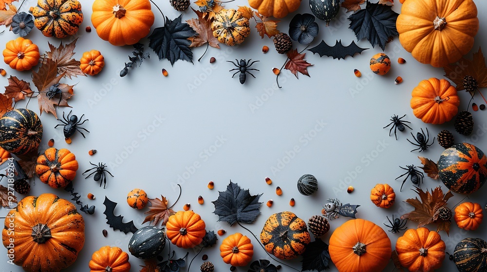 The Halloween holiday concept includes a double border frame of decorations like ghosts, bats, spiders, skeleton arms, and skulls on a white background. The Halloween holiday concept includes a double border frame of decorations like ghosts, bats, spiders, skeleton arms, and skulls on a white background.