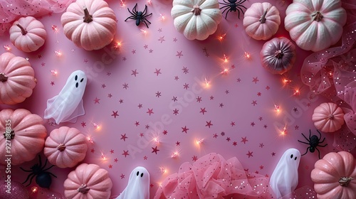 The Halloween holiday concept features white pumpkins, ghosts, spiders, and skulls on a pastel pink background, offering ample space for your message.