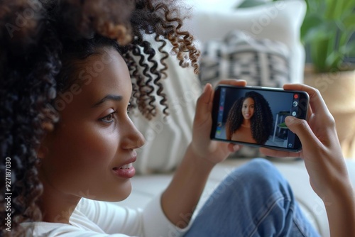 Close-up shot of an individual engaged in a video call with a colleague on their mobile device photo