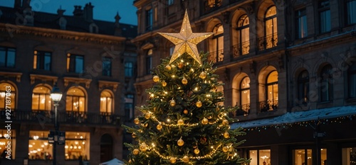  Stylish christmas tree with golden lights and illuminated star on top in city center. Holiday market in city street. Space for text. Big Christmas tree