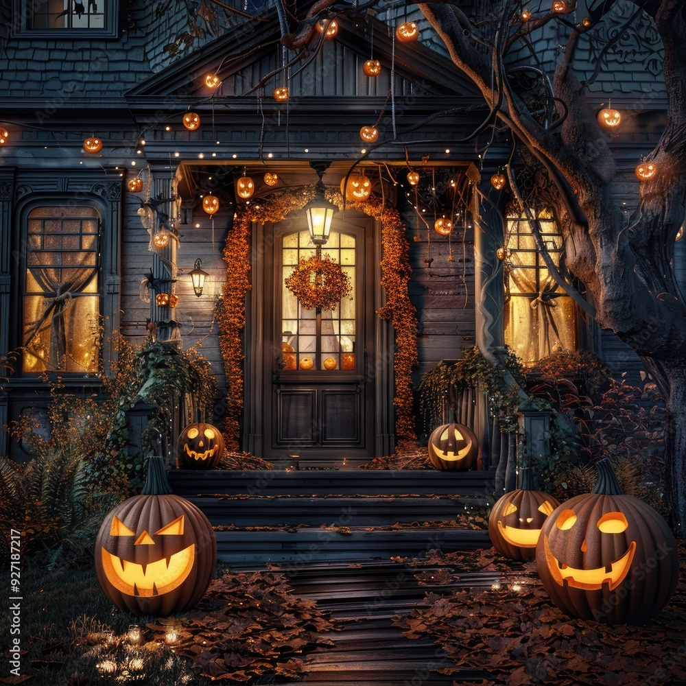 Obraz premium Halloween pumpkins and carved jack o lanterns on the front porch of an old house decorated with lights