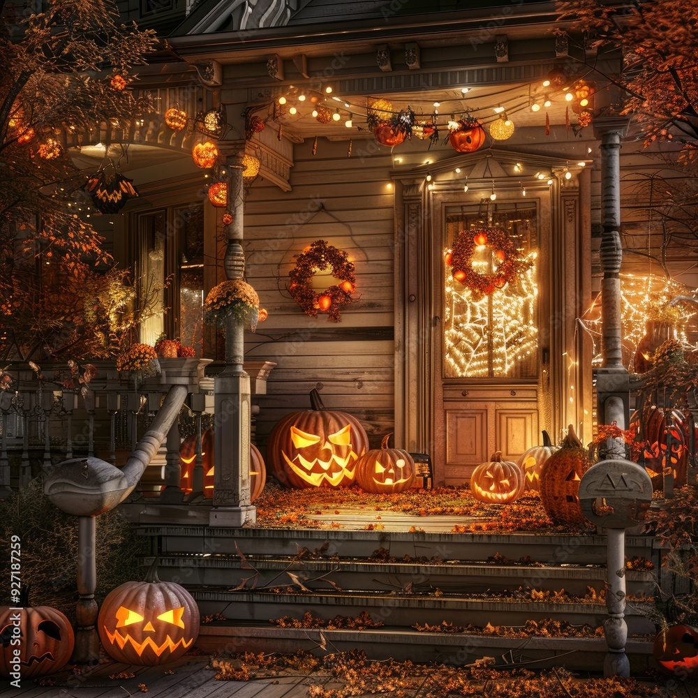 Obraz premium Halloween pumpkins and carved jack o lanterns on the front porch of an old house decorated with lights
