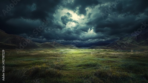 Dramatic landscape with dark clouds and a ray of light over a green meadow.