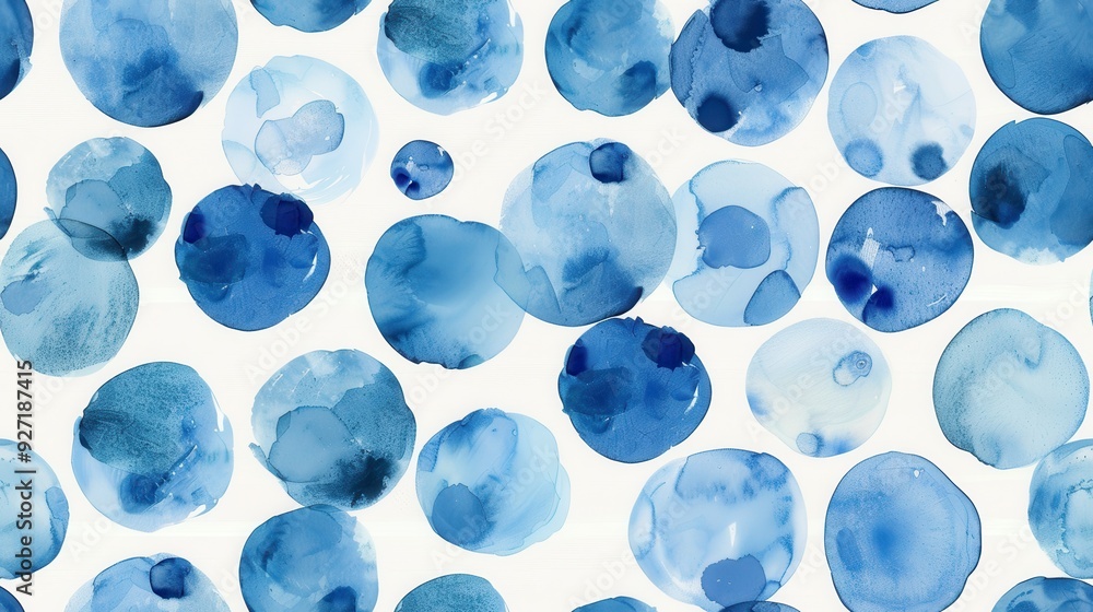 A close-up view of an abstract watercolor painting. The background is white and the painting features numerous blue circles of varying sizes and shades. The circles are painted with a loose, flowing s A close-up view of an abstract watercolor painting. The background is white and the painting features numerous blue circles of varying sizes and shades. The circles are painted with a loose, flowing s