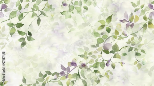 A watercolor painting depicts a close-up view of leafy branches with purple flowers. The light background creates a soft, ethereal feel, as if the foliage is swaying gently in the breeze.