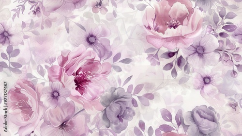 Fototapeta Naklejka Na Ścianę i Meble -  This image features a watercolor painting of a seamless floral pattern. The background is white, and it is covered in a variety of pink and purple flowers. The flowers are all different shapes and siz