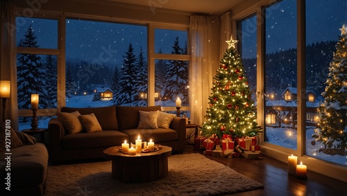 Very cozy living room with lots of candles and a beautiful big christmas tree decorated with lights beside a big window, snowing outside at night
