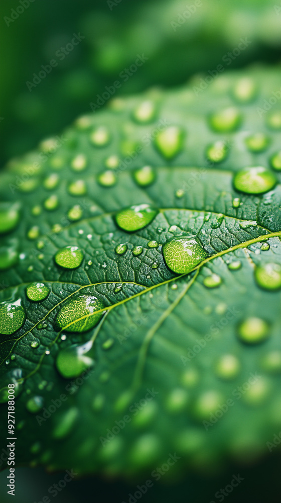 Macro shot capturing the intricate patterns of a leaf's veins behind the scattered dew drops Macro shot capturing the intricate patterns of a leaf's veins behind the scattered dew drops