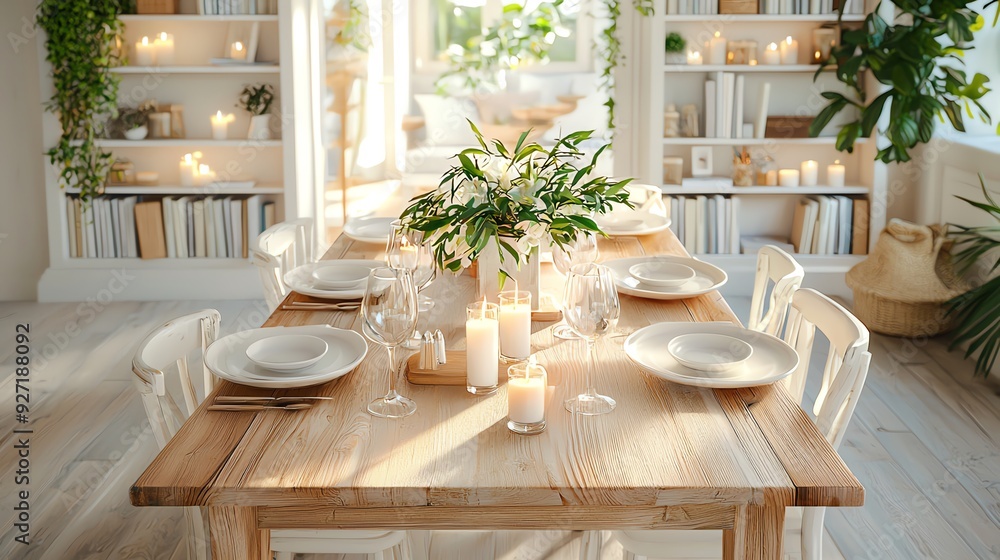 A beautifully arranged dining table with candles and greenery, creating a serene and inviting atmosphere for gatherings. A beautifully arranged dining table with candles and greenery, creating a serene and inviting atmosphere for gatherings.