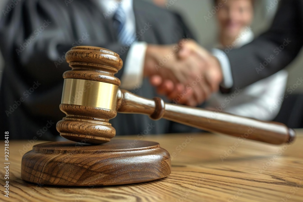 Judge and Client Shake Hands in Courtroom, Gavel Resting on Wooden Table Judge and Client Shake Hands in Courtroom, Gavel Resting on Wooden Table