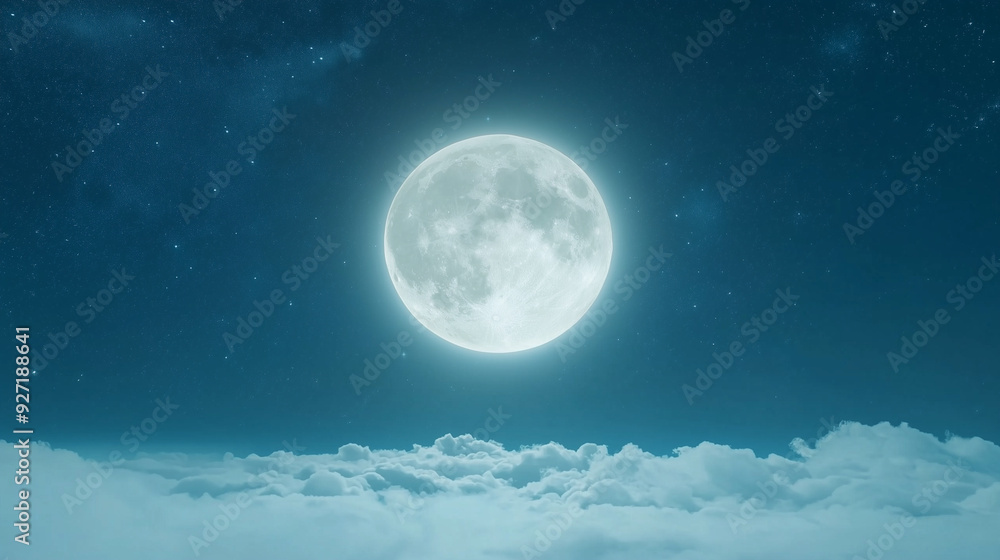 Fototapeta premium romantic, large white moon glowing brightly in a starry night sky, with wisps of clouds beneath it, creating a dreamy and serene atmosphere that evokes a sense of wonder and tranqu