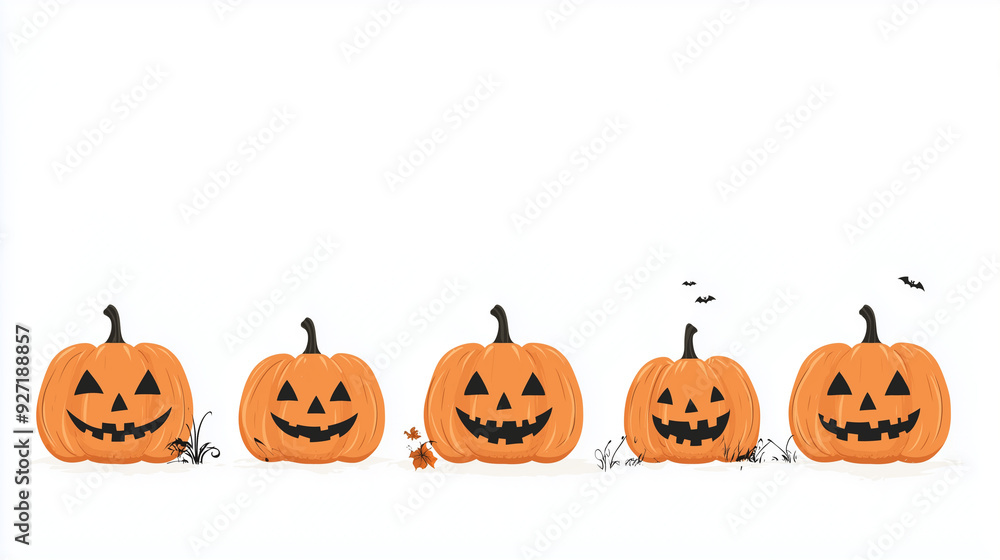 flat illustration of line of Halloween pumpkins is arranged in the lower corner of the frame against a white background, their carved expressions adding a touch of spooky charm whi flat illustration of line of Halloween pumpkins is arranged in the lower corner of the frame against a white background, their carved expressions adding a touch of spooky charm whi