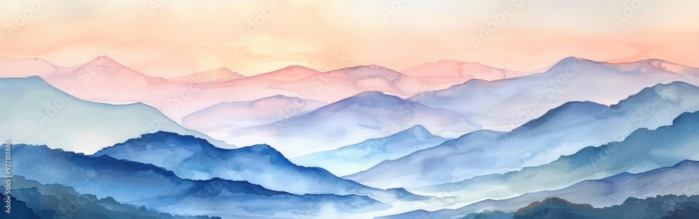 A watercolor painting depicting a misty mountain range with soft pink ...