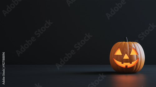 A real Jack O' Lantern with a lit, carved face is set against a pure black background, seamlessly blending into the darkness to highlight the spooky and traditional Halloween ambia photo