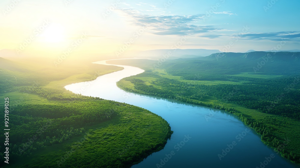 Fototapeta premium A serene aerial view of a winding river surrounded by lush greenery under the golden sunlight, ideal for nature-themed projects.