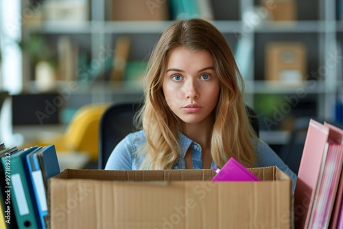 Young Female Entrepreneur Preparing to Relocate by Packing Items into Cardboard Box on Desk photo