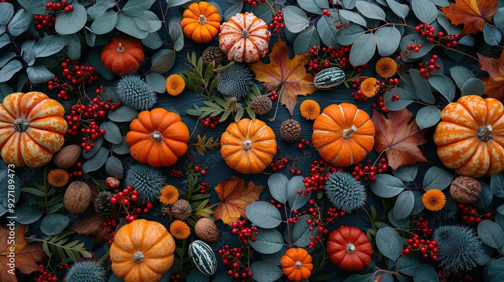 A Thanksgiving Day concept includes pumpkins, gourds, autumn leaves, and berries on a wooden table, creating a warm and festive top view. A Thanksgiving Day concept includes pumpkins, gourds, autumn leaves, and berries on a wooden table, creating a warm and festive top view.