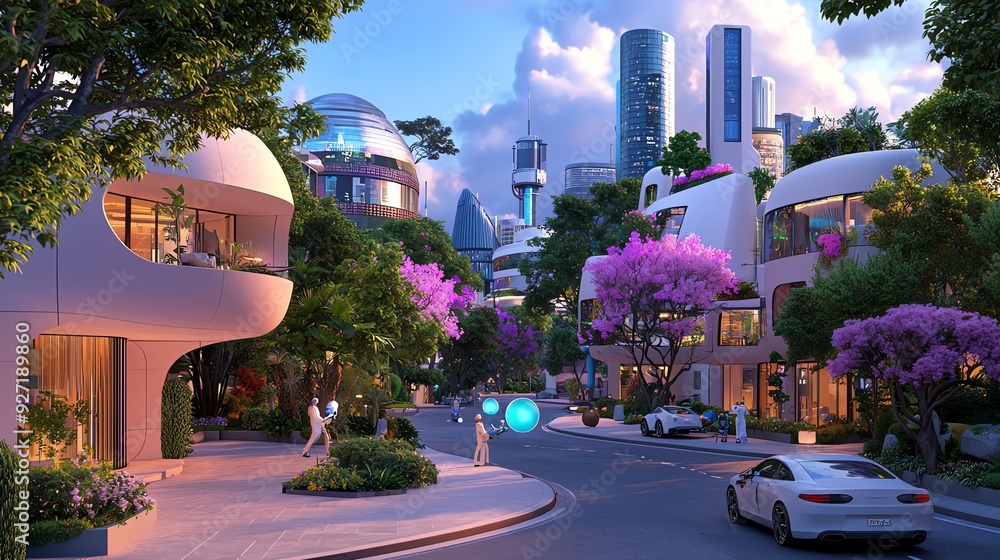 Naklejka premium Futuristic urban scene with modern buildings, vibrant flowers, and advanced technology showcasing a harmonious nature-urban blend.