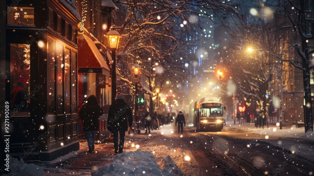 People walk down a snowy city street at night. The street is lit by ...