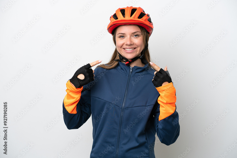 Young cyclist Lithuanian woman isolated on white background giving a thumbs up gesture Young cyclist Lithuanian woman isolated on white background giving a thumbs up gesture