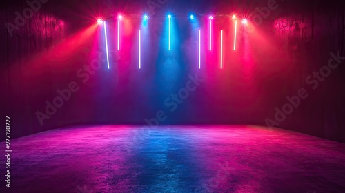 Empty stage with vibrant neon lights. Perfect for displaying products or showcasing designs with a futuristic, edgy aesthetic.