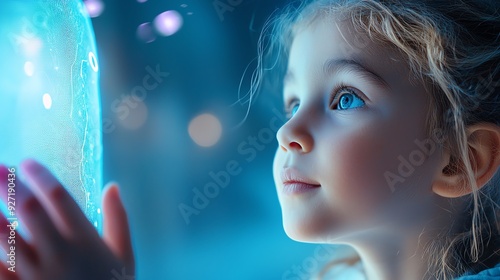 A curious child gazes in wonder at a glowing light, capturing the essence of childhood imagination and innocence.