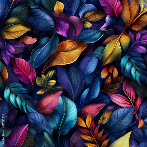 Vibrant colorful leaves with intricate details on dark background. 