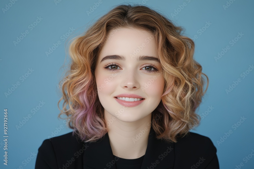 Cheerful Woman with Pastel Hair Laughing on Blue Background Cheerful Woman with Pastel Hair Laughing on Blue Background
