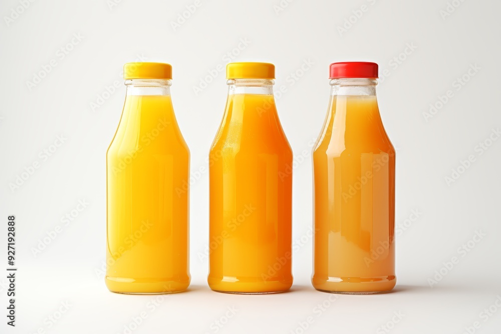 Three Bottles of Juice on White Background, Light Orange and Dark Gray Three Bottles of Juice on White Background, Light Orange and Dark Gray
