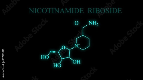 Nicotinamide riboside also known as Vitamin B3 Molecular Structure Symbol Neon Animation on black background photo