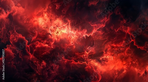 Abstract red smoke swirling against a dark black background, creating cloud-like formations and smoky texture