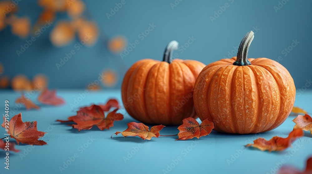 Two decorative pumpkins are displayed on a pastel blue background, providing an autumn-themed seasonal banner design with copy space. Two decorative pumpkins are displayed on a pastel blue background, providing an autumn-themed seasonal banner design with copy space.