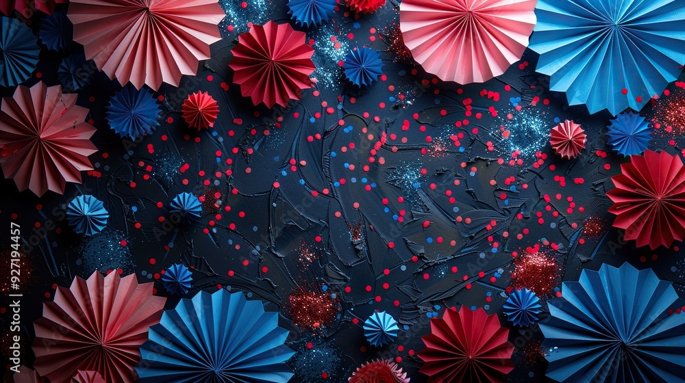 Red, white, and blue patriotic paper fans with confetti are set against a black background, perfect for an Independence Day party concept. Red, white, and blue patriotic paper fans with confetti are set against a black background, perfect for an Independence Day party concept.