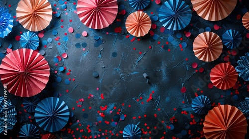 Red, white, and blue patriotic paper fans with confetti are set against a black background, perfect for an Independence Day party concept.