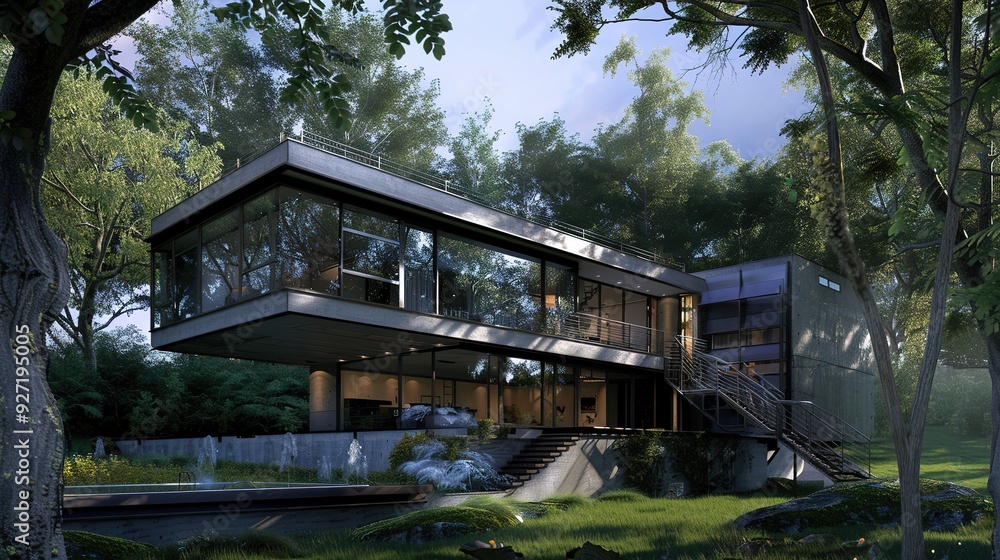 Modern home with large windows nestled in a lush green forest. Modern home with large windows nestled in a lush green forest.