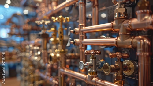 Close-up of plumbing pipes and fittings displayed in a showroom. 