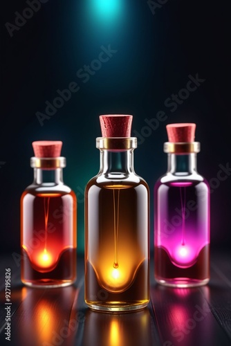 Many glowing colorful oils in bottles, vertical composition