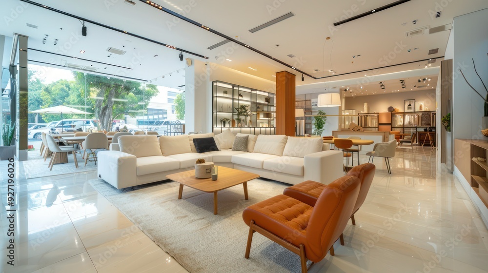Wide-angle view of a spacious home showroom with lifestyle displays. Wide-angle view of a spacious home showroom with lifestyle displays.