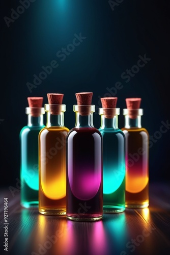 Many glowing colorful oils in bottles, vertical composition