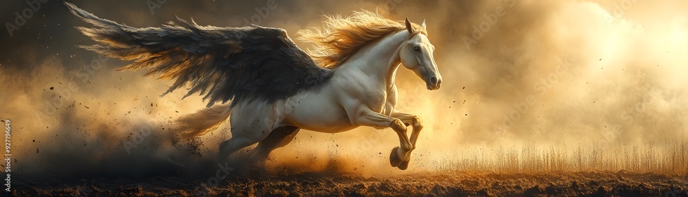 Obraz premium A majestic pegasus soars through the clouds, its powerful wings carrying it towards a golden horizon.