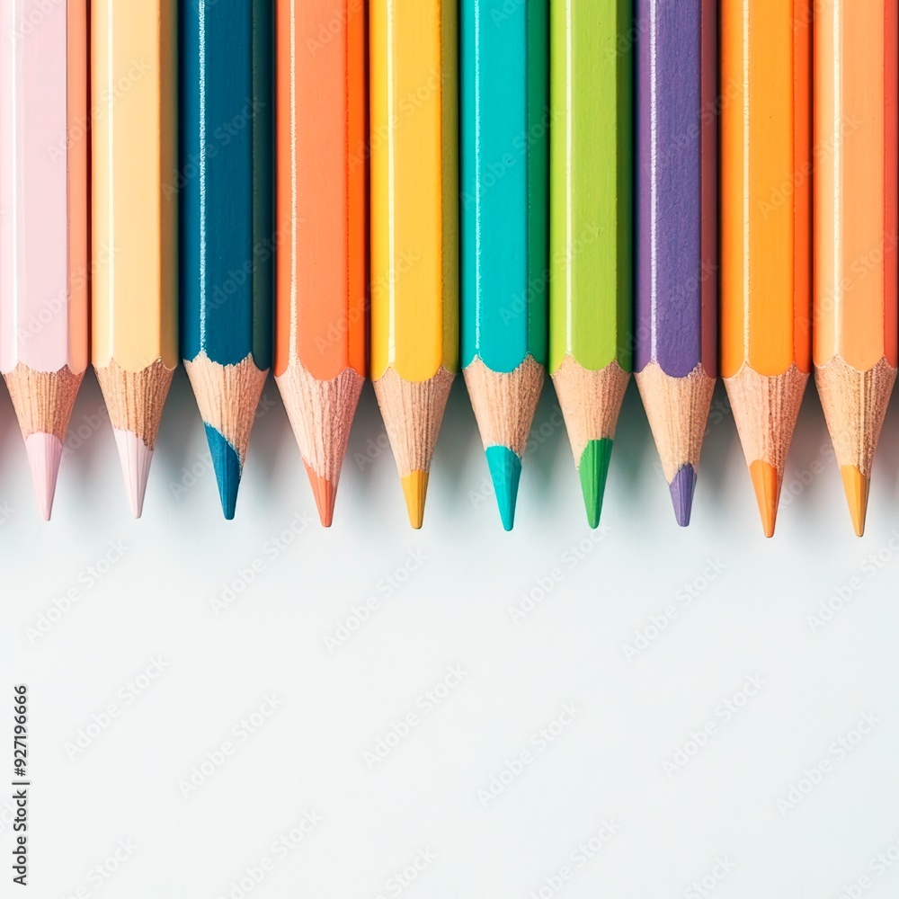 A row of ten colored pencils is arranged horizontally on a white surface with the tips of the pencils facing towards the viewer. Generative AI A row of ten colored pencils is arranged horizontally on a white surface with the tips of the pencils facing towards the viewer. Generative AI
